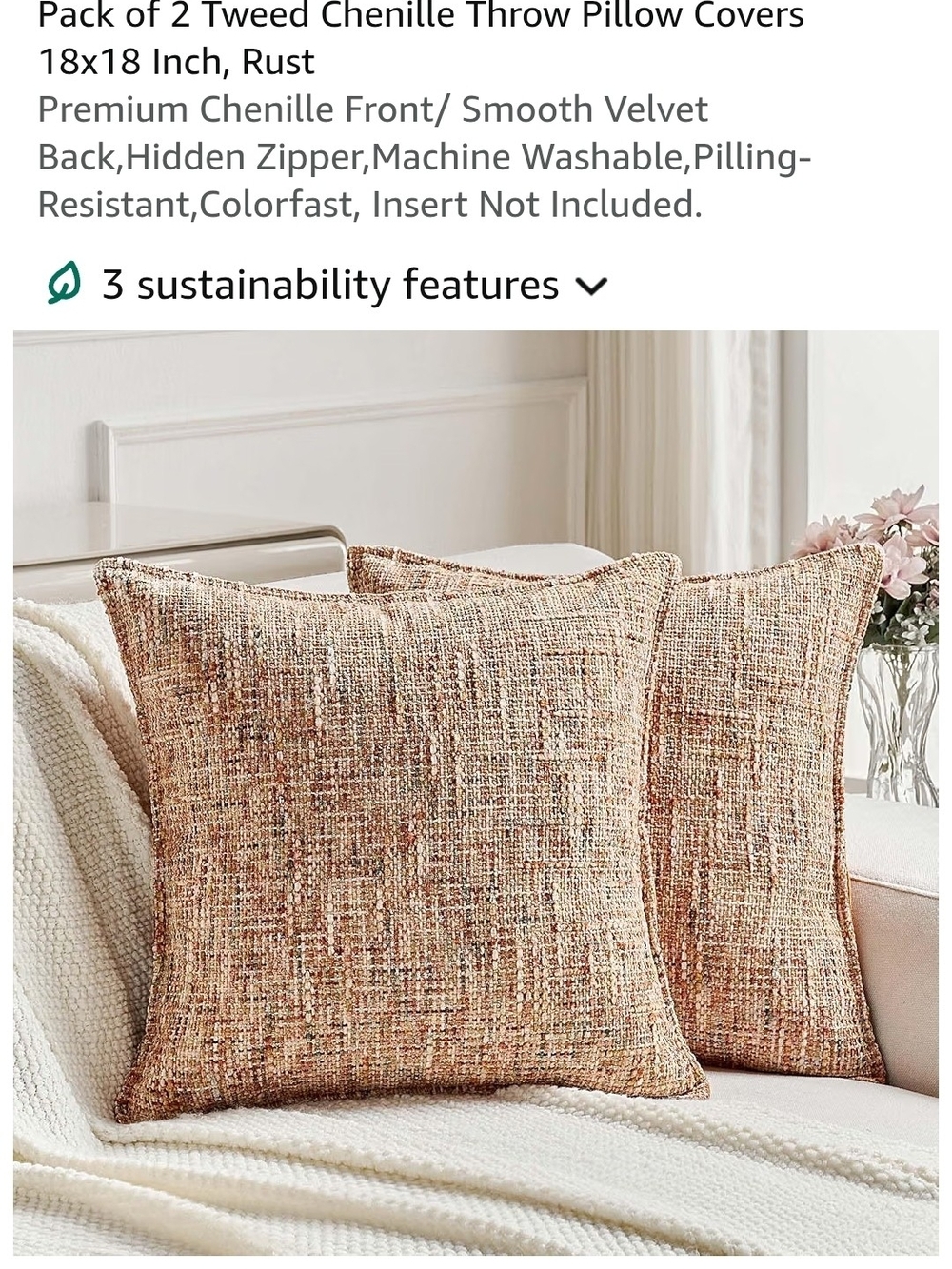 Rust Tweed Chenille Accent Pillow Covers (Set of 2). 18x18